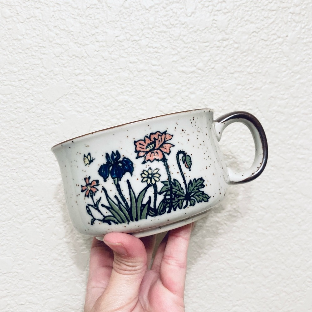 Vtg Mcm Speckled Stoneware Floral Soup Cup Mug Garden Cottagecore Grandmacore